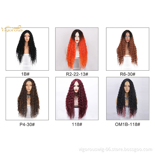 Vigorous Cheap Price Long Jerry Curl Black Heat Resistant Fiber Middle Part Natural Hairline For Black Women Synthetic Hair Wigs